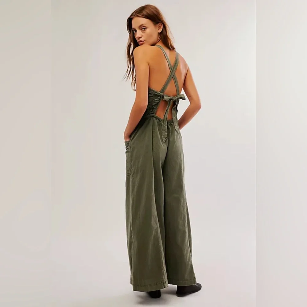 Free People Olive Green Wide-Leg Back-Tie Jumpsuit